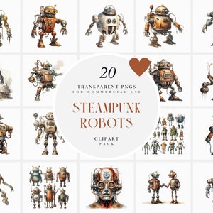 Aquarell Steampunk Roboter Clipart, Kinder futuristischer Steampunk Roboter Clipart, niedlicher Transformator rustikaler Roboter, PNG-Format für den kommerziellen Gebrauch