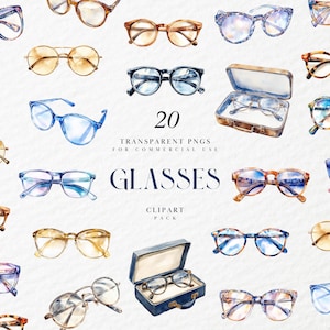 Watercolor Clear Glasses Clipart, Prescription Glasses Clipart, Vintage  Retro Glasses Clipart, Transparent PNG files for Commercial Use Art