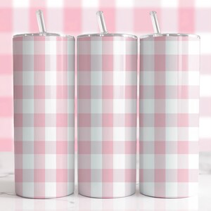 20 Oz Skinny Tumbler Wrap, Pink Gingham, Classic Check Look, Straight Template, Seamless Tapered Design, 9.2x8.3 Sublimation Commercial Use