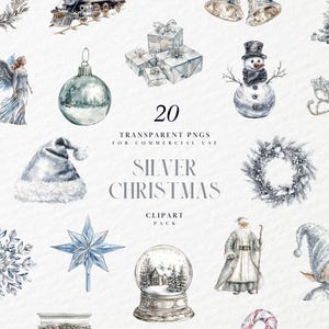 May include: A set of 20 silver Christmas clipart images, including a snowman, a nutcracker, a wreath, a snowflake, a star, a snow globe, a Christmas tree, a bell, a stocking, a hat, a gift, a candy cane, an angel, a sleigh, and an ornament. The images are in a watercolor style and are perfect for adding a touch of winter magic to your projects.
