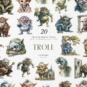 Aquarel troll clipart, Scandinavisch fantasiewezen, sprookjesbosmonster, mythische folklorekunst, transparante png, commercieel gebruik