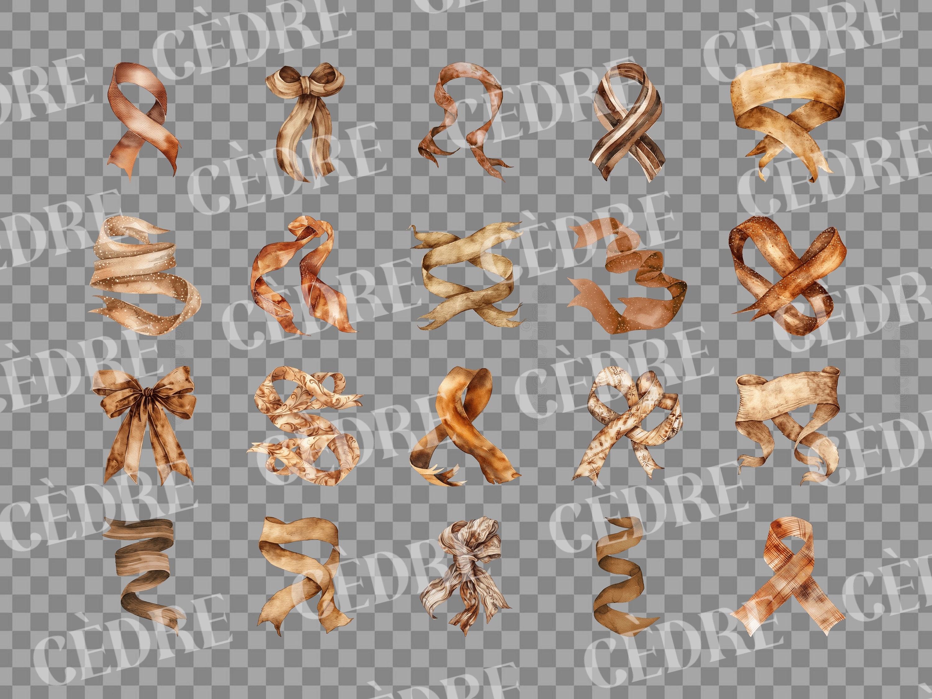 Watercolor Brown Ribbon Clipart, Brown Ribbons Clipart, Decorative ...