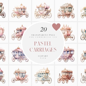 Clipart di carrozze pastello acquerello, clipart di carrozze pastello principessa delle fiabe, carrozza rosa baby, file PNG trasparente per uso commerciale