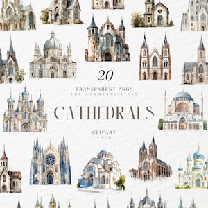 Clipart de Catedral em Aquarela, Clipart de Igreja Católica, Arquitetura Gótica, Local de Casamento, Cristianismo, PNG Transparente, Uso Comercial