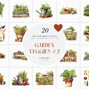 Clipart jardin végétarien aquarelle, clipart légumes assortis, panier de légumes, graphiques de récolte de légumes d'été, PNG pour un usage Commercial