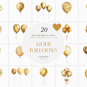Aquarell Gold Ballon Clipart, Goldene Ballons Clipart, Geburtstagsfeier, Kartenherstellung, Einladung, transparente PNG-Grafik, kommerzielle Nutzung
