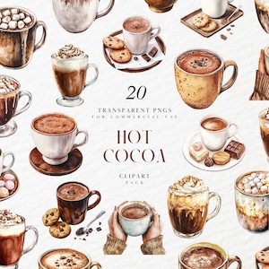 Clipart di cioccolata calda ad acquerello, clipart di cioccolata calda, clipart di tazza di cioccolata, clipart di una deliziosa bevanda natalizia, formato PNG per uso commerciale