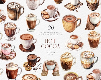 Watercolor Hot Cocoa Clipart, Hot Chocolate Clipart, Cup of Choco Clipart, Yummy Cozy Christmas Drink Clipart, PNG format for Commercial Use