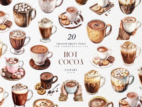 Watercolor Hot Cocoa Clipart, Hot Chocolate Clipart, Cup of Choco Clipart, Yummy Cozy Christmas Drink Clipart, PNG format for Commercial Use