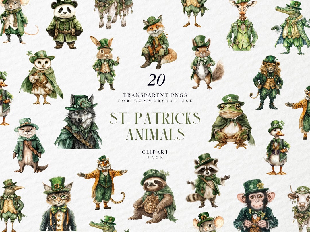 Watercolor St Patricks Animals Clipart, Quirky, Funny, Cute, Pub, Green ...