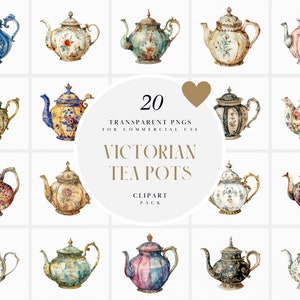 Watercolor Victorian Teapot Clipart, Victorian Teapots Clipart, Antique Tea Party Clipart, Tea Pot, Transparent PNG Graphics, Commercial Use