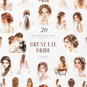 Aquarell Brünett Braut Clipart, Elegante Braunhaarige Frau im Hochzeitskleid, Romantische Ehe Porträt, Transparente PNG, kommerzielle Nutzung