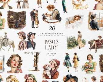 Watercolor 1930s Lady Clipart, Vintage Fashion Portrait, Art Deco Glamour Woman, Retro Style Illustration, Transparent PNG, Commercial Use