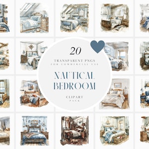 May include: A set of 20 digital illustrations of nautical themed bedrooms. The illustrations are in a watercolour style and feature various details such as ship wheels, rope, and seashells. The illustrations are perfect for use in scrapbooking, card making, and other craft projects.