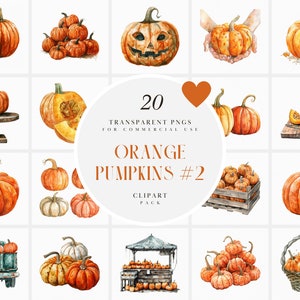 Puede incluir: Paquete de imágenes prediseñadas de acuarela con 20 PNG transparentes de calabazas naranjas. Las calabazas varían en tamaño y forma, algunas enteras, algunas talladas y algunas en un camión o cesta. El texto dice "Orange Pumpkins #2 Clipart Pack".