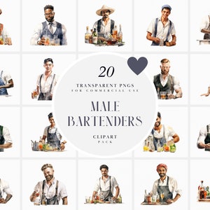 Clipart barista classico dell'acquerello, clipart barista maschio bello, clipart gara bar professionale da pub, PNG trasparente, uso commerciale
