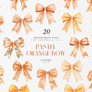 Puede incluir: Un conjunto de 20 imágenes de clipart de lazo de acuarela naranja pastel. Los lazos son de varios estilos, incluyendo cuadros, florales y colores sólidos.  20 PNG TRANSPARENTES PARA USO COMERCIAL LAZO NARANJA PASTEL PACK CLIPART