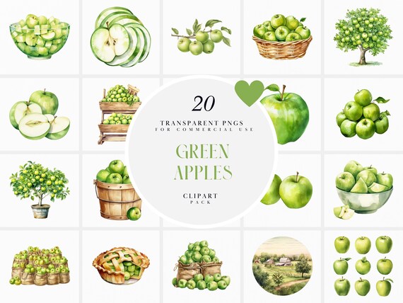 Watercolor Green Apples Clipart, Green Apple Clipart, Granny Smith Clipart, Botanical Sour Apple Clipart, PNG Format For Commercial Use