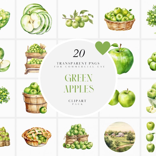 Watercolor Green Apples Clipart, Green Apple Clipart, Granny Smith Clipart, Botanical Sour Apple Clipart, PNG Format For Commercial Use