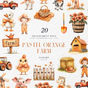 May include: Watercolor clipart pack featuring a pastel orange farm theme. Includes illustrations of farm animals, buildings, tools, and text that reads "20 TRANSPARENT PNGS FOR COMMERCIAL USE PASTEL ORANGE FARM CLIPART PACK".