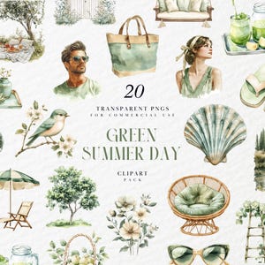 Clipart de un acogedor día de verano en acuarela, con temática verde neutral, Hola verano, floral, pegatina digital, gráficos PNG transparentes, uso comercial