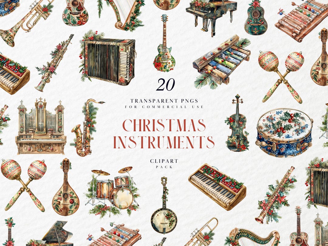 String Instruments Christmas Watercolor Christmas Instruments Clipart, Festive Musical Orchestra ...