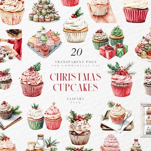Cupcakes navideños de acuarela, postres festivos, dulces de invierno, decoración de tarjetas navideñas, gráfico PNG transparente, uso comercial