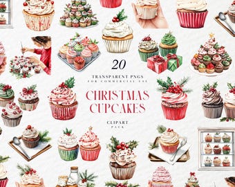Aquarel kerst cupcakes clipart, feestelijk dessert, winter zoete lekkernijen kunst, decor kerstkaart, transparante png-afbeelding, commercieel gebruik