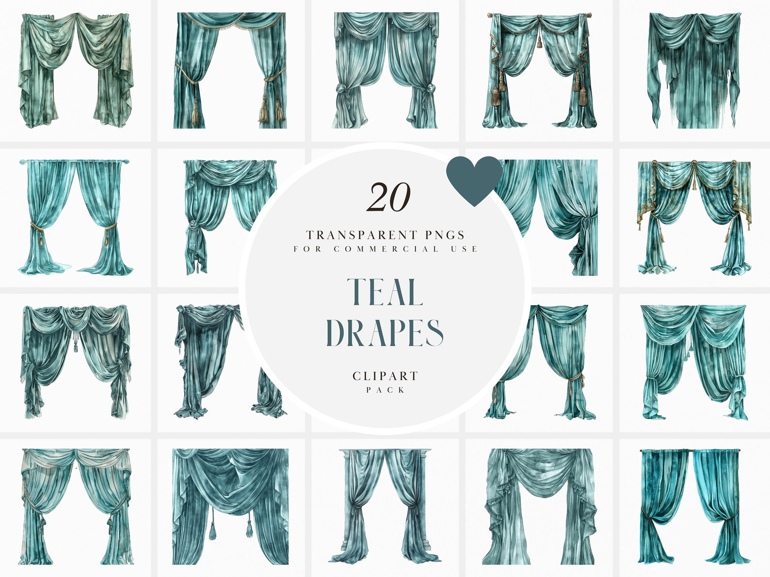 Watercolor Teal Drapes Clipart, Window Drape Clipart, Card Making ...
