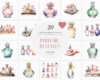 May include: A set of 20 watercolor illustrations of perfume bottles. The bottles are in various shapes and sizes, and are decorated with flowers, bows, and other embellishments. The illustrations are perfect for use in digital scrapbooking, card making, and other creative projects.
