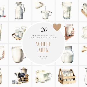 Watercolor White Milk Clipart, Milk Bottle Clipart, Glass of Milk Clipart, Pasteurized Fresh Milk, Transparent PNG Graphics, Commercial Use