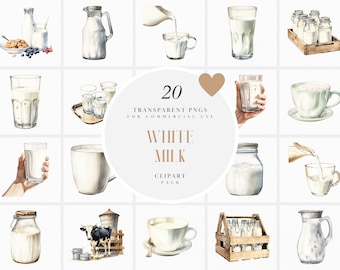 May include: A set of 20 watercolor illustrations of white milk in various forms, including glasses, pitchers, mugs, and a cow. The illustrations are perfect for creating digital designs, scrapbooking, or adding a touch of whimsy to your projects.