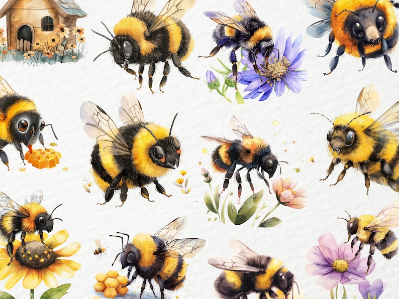 Watercolor Realistic Bee Clipart, Flying Yellow Bees, Hive, Honeybee