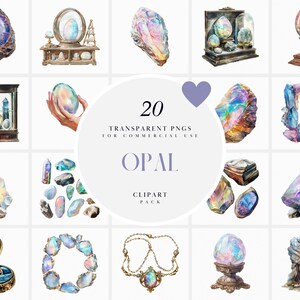 May include: A set of 20 watercolour illustrations of opals in various settings. The illustrations include opals in a crystal ball, a necklace, a ring, and a variety of other settings. The illustrations are all in a watercolour style and are perfect for use in digital or printed projects.