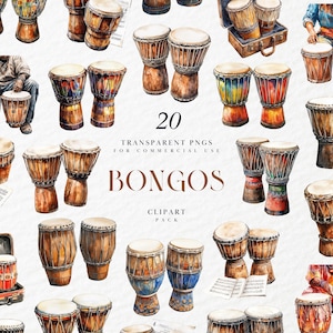 Puede incluir: Un conjunto de 20 ilustraciones de acuarela de bongos, un tipo de tambor, en varios colores y diseños. Las ilustraciones son perfectas para usar en proyectos digitales o impresos.