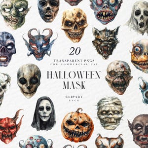 Clipart maschera di Halloween acquerello, maschera spaventosa, personaggio mascherato spettrale, maschere in costume, travestimenti per feste, PNG trasparente, uso commerciale