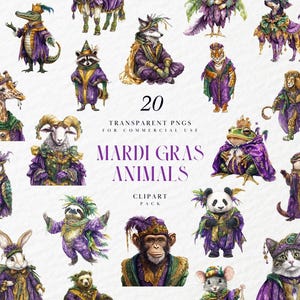 Clipart animaux aquarelle mardi gras, original, drôle, éléments du carnaval de la Nouvelle-Orléans, mardi gras, fête, PNG transparent, usage Commercial