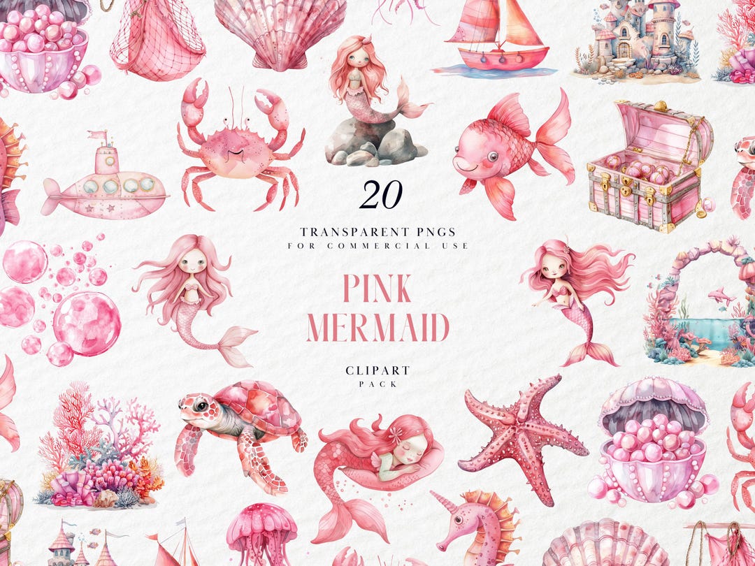 Watercolor Pink Mermaid Clipart, Whimsical Ocean Girl, Baby Shower ...