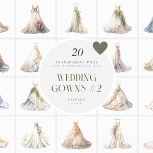 Clipart de vestidos de noiva florais em aquarela, clipart de vestido de noiva de flores, clipart de vestidos de noiva, vestido de casamento, formato PNG para uso comercial