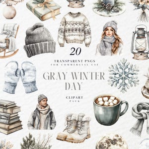 Watercolor Gray Winter Day Clipart, Rustic Cozy Season, Snowy Muted Elements, Frosty Neutral Look, Transparent PNG Graphics, Commercial Use
