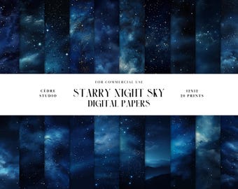 Starry Night Sky Digital Papers, Dark Starry Night Digital Patterns, Stars in the Sky Digital Wallpapers, Background Photo, Seamless Pattern