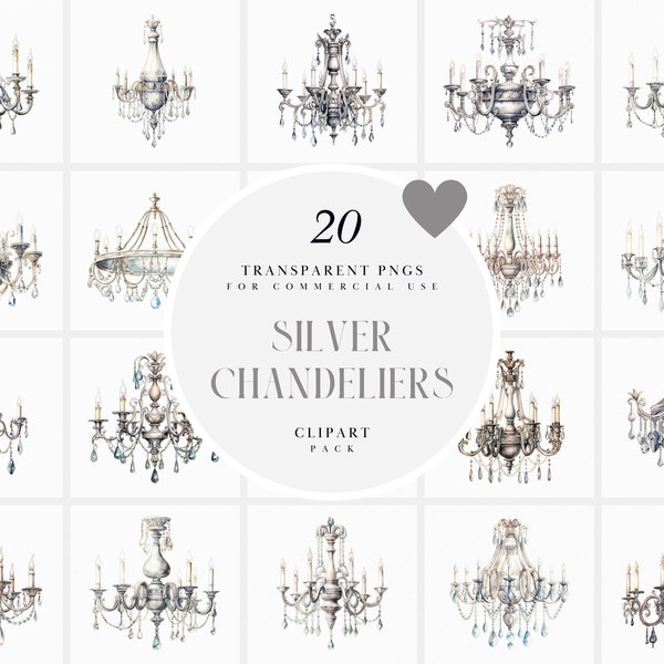 Silver Chandelier Clipart, Extravagant Chandeliers Clipart, Luxurious Vintage Chandelier, Antique Chandelier Graphic, PNG for Commercial Use