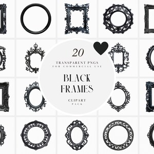 May include: Set of 20 black ornate picture frames with various shapes and sizes. The frames are isolated on a white background.  20 TRANSPARENT PNGS FOR COMMERCIAL USE BLACK FRAMES CLIPART PACK