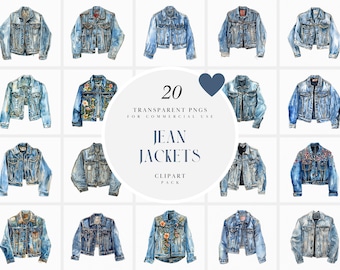 May include: A set of 20 watercolor illustrations of denim jackets. The jackets are in various styles, including classic, embroidered, and distressed. The illustrations are perfect for use in digital scrapbooking, card making, and other creative projects. 20 TRANSPARENT PNGS FOR COMMERCIAL USE JEAN JACKETS CLIPART PACK