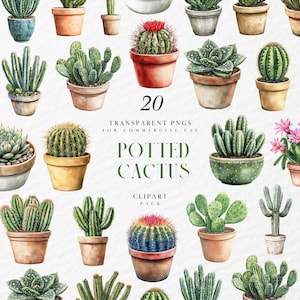 May include: A watercolour illustration featuring 20 potted cacti of different varieties. The cacti are in a range of pots, including terracotta and ceramic. Text on the image reads "20 Transparent PNGs for Commercial Use Potted Cactus Clipart Pack."