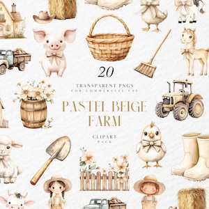 Può includere: Pacchetto di clipart ad acquerello con 20 PNG trasparenti a tema fattoria beige pastello. Include illustrazioni di animali della fattoria, edifici, strumenti e bambini. Per uso commerciale.