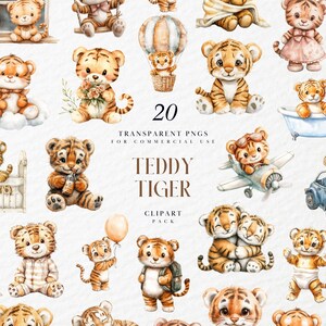 May include: A collection of 20 transparent PNGs featuring adorable watercolour teddy tiger clipart. The tigers are depicted in various poses, including sitting, holding objects, and riding in vehicles. The clipart pack is for commercial use.