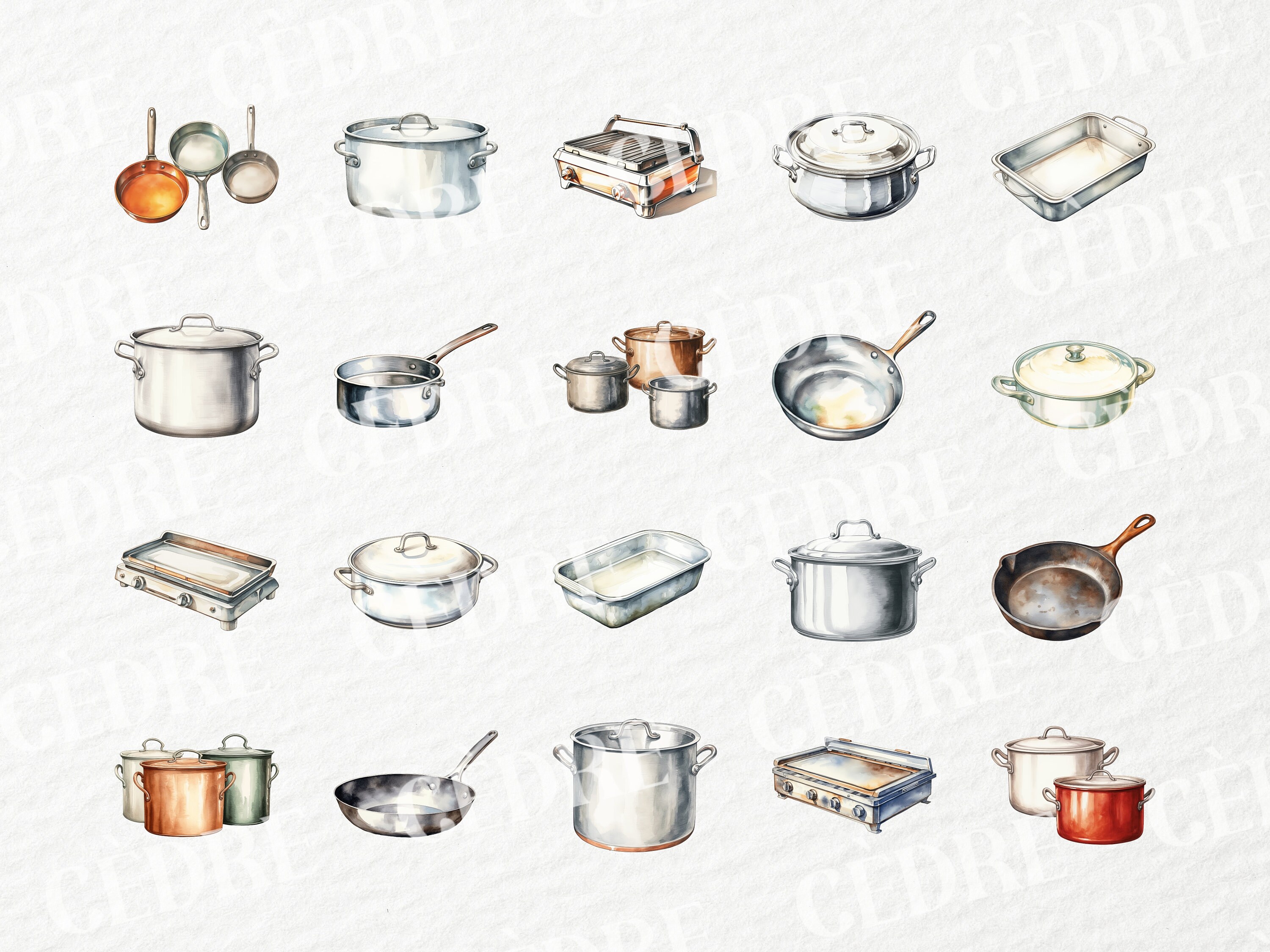 Watercolor Pots and Pans Clipart, Cookware, Kitchenware, Restaurant ...