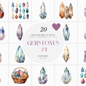 Watercolor Gemstones Clipart, Gem Stone Clipart, Birthstone Crystals Clipart, Crystal Precious Stone Clipart, Quartz, PNG for Commercial Use