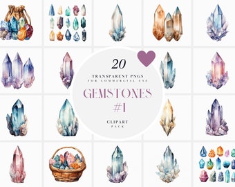 Può includere: Un set di 20 illustrazioni ad acquerello di pietre preziose in vari colori e forme. Le illustrazioni sono PNG trasparenti per uso commerciale. Il testo "Gemstones #1 Clipart Pack" è incluso nell'immagine.
